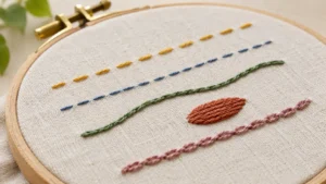 Bastidor de madeira com tecido de algodão exibindo cinco pontos básicos de bordado à mão: alinhavo, ponto atrás, ponto haste, ponto cheio e ponto corrente.