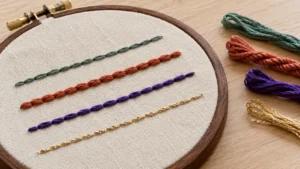 Bastidor de madeira com tecido de algodão marfim exibindo quatro fileiras de ponto atrás feitas com linhas mouliné verde-azulada, perlé terracota, acetinada violeta e metalizada dourada.