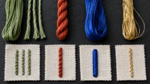 Comparação macro entre quatro tipos de linhas para bordado à mão: mouliné de algodão com fios separados, algodão perlé, linha acetinada azul e fio metalizado dourado, com amostras de pontos sobre tecido marfim.