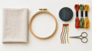Kit de bordado à mão para iniciantes com tecido de algodão, bastidor de madeira, agulhas, linhas coloridas e tesoura de precisão.
