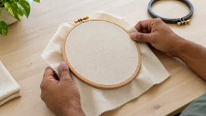 Mãos de um artesão ajustando as bordas de um tecido de algodão marfim em bastidor circular de madeira, mantendo a trama alinhada e a superfície firme, sem rugas ou deformações.