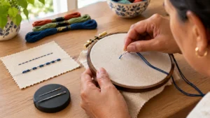 Mãos de uma mulher testando a compatibilidade de uma agulha crewel com linha azul em tecido de algodão preso em bastidor, ao lado de uma amostra com pontos equilibrados e furos maiores causados por agulha grossa.